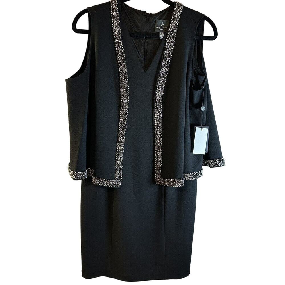 Adrianna Papell Dress Sz 6P Black Beaded Evening Cocktail Cape Knee Length
